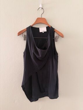 3.1 Phillip Lim Black Silk Top with Cowl Neck and Button Detailing